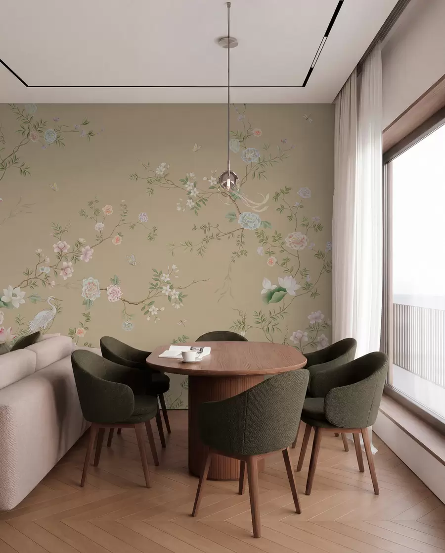 wall murals Flowering branches with birds on warm beige w05416v2