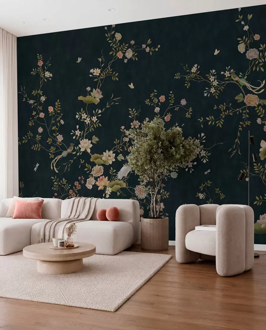 wall murals Flowering branches with birds on dark background w05416v3