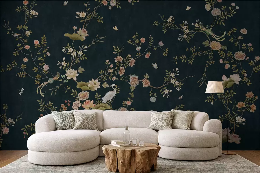 wall murals Flowering branches with birds on dark background w05416v3