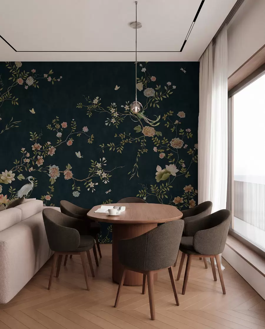 wall murals Flowering branches with birds on dark background w05416v3
