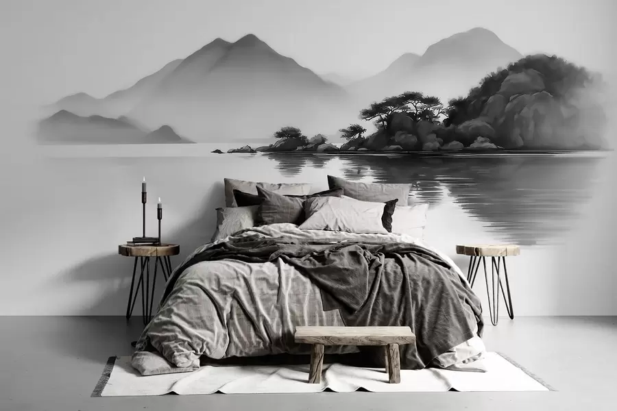 wall murals Black and white landscape with mountains and lake in soft mist w09803