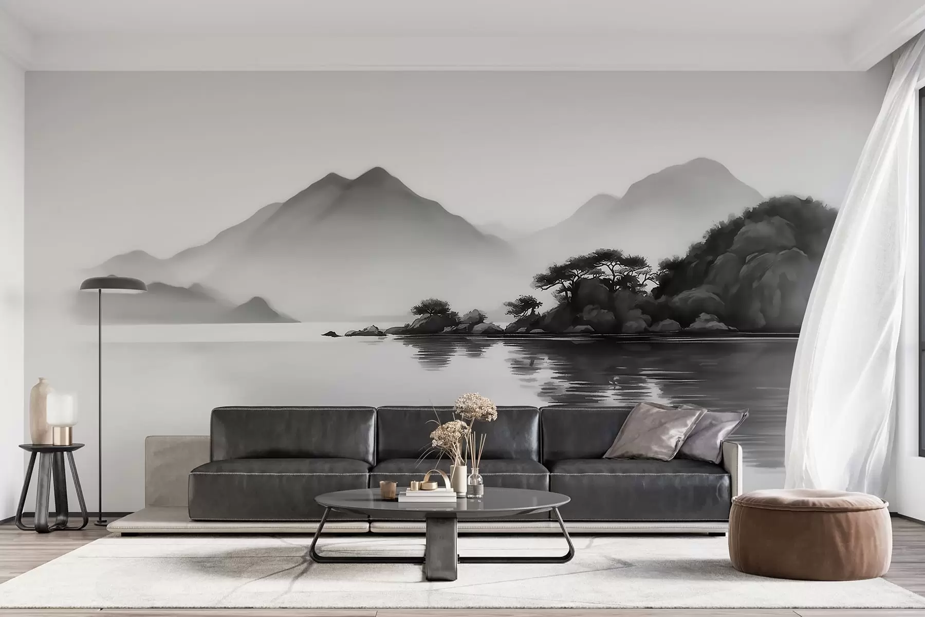 wall murals Black and white landscape with mountains and lake in soft mist w09803