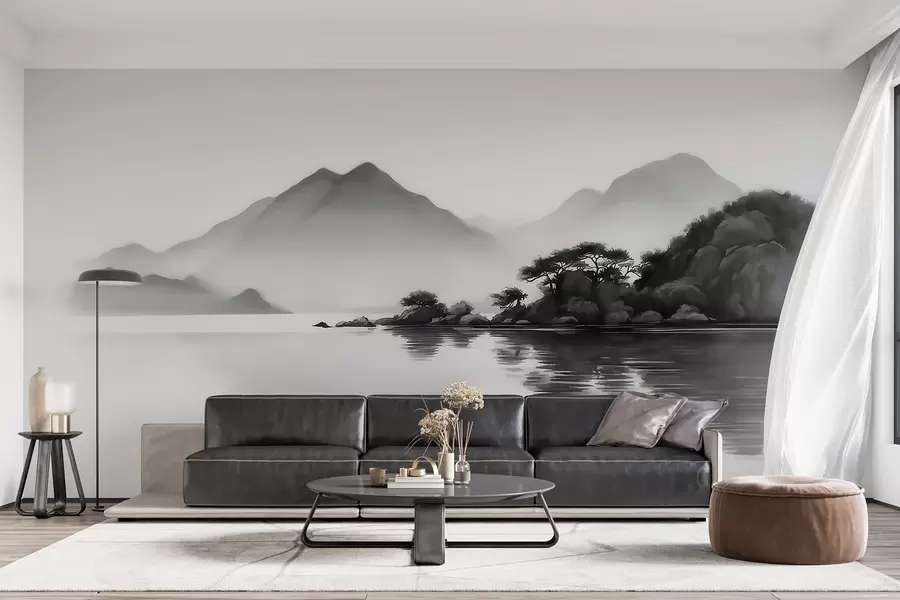 wall murals Black and white landscape with mountains and lake in soft mist w09803
