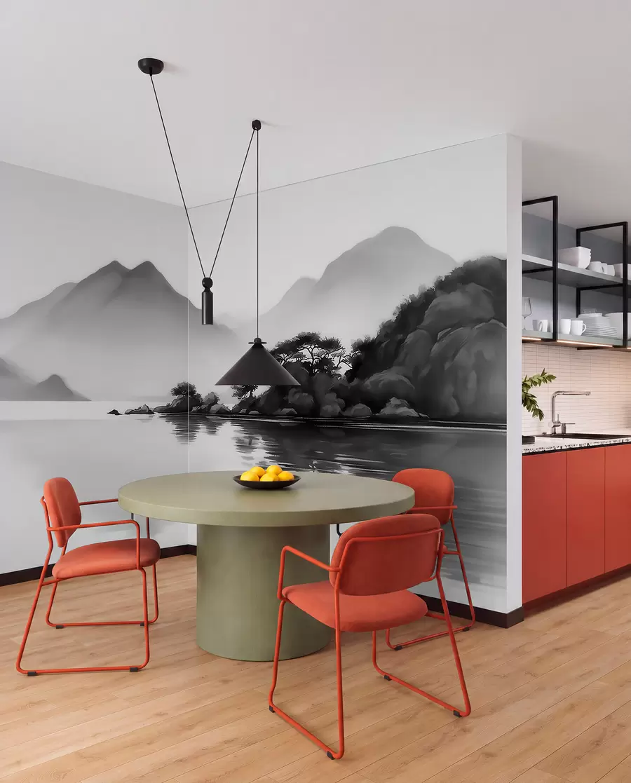 wall murals Black and white landscape with mountains and lake in soft mist w09803