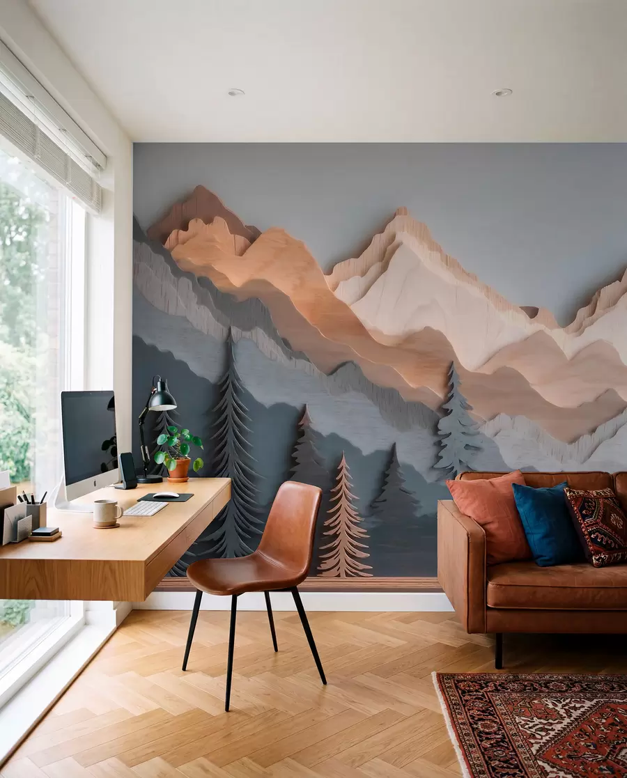 wall murals Natural landscape with pine trees and mountains in carved wood style w09793