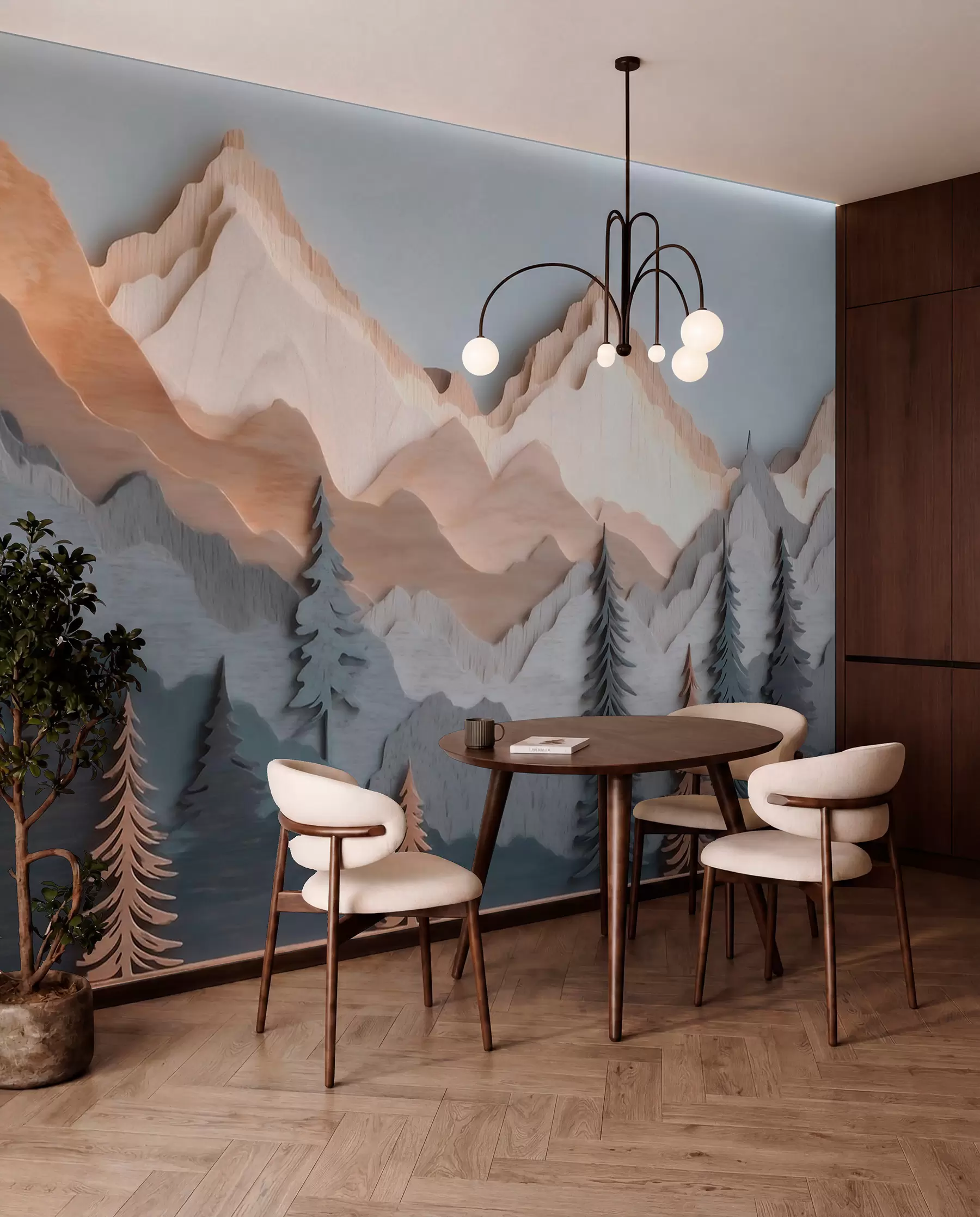 wall murals Natural landscape with pine trees and mountains in carved wood style w09793