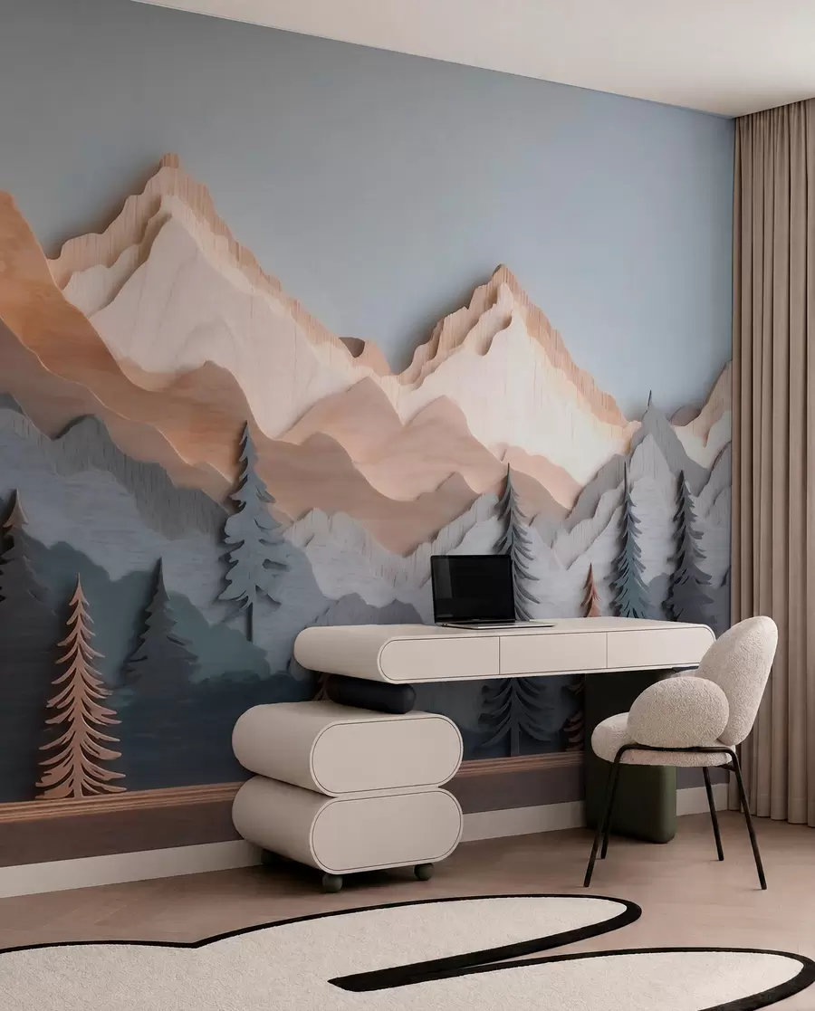 wall murals Natural landscape with pine trees and mountains in carved wood style w09793