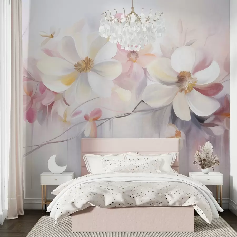 wall murals White and pink flowers with delicate petals textured art, abstract, soft background w09811