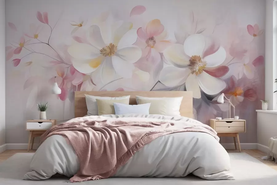 wall murals White and pink flowers with delicate petals textured art, abstract, soft background w09811
