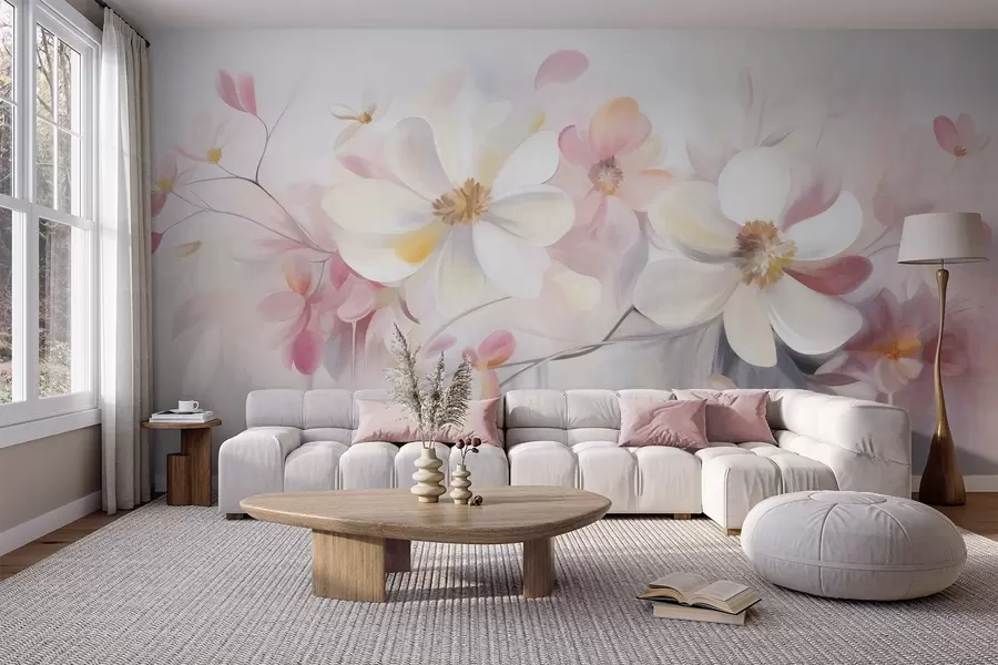 wall murals White and pink flowers with delicate petals textured art, abstract, soft background w09811