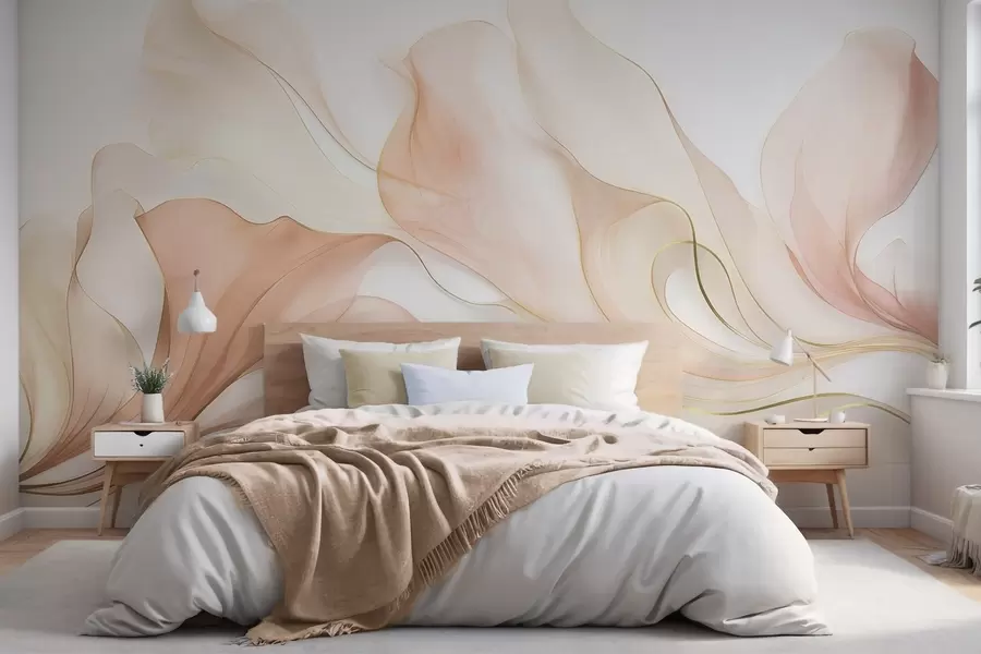 wall murals Abstract flowing texture in shades of peach and cream with delicate lines w09815