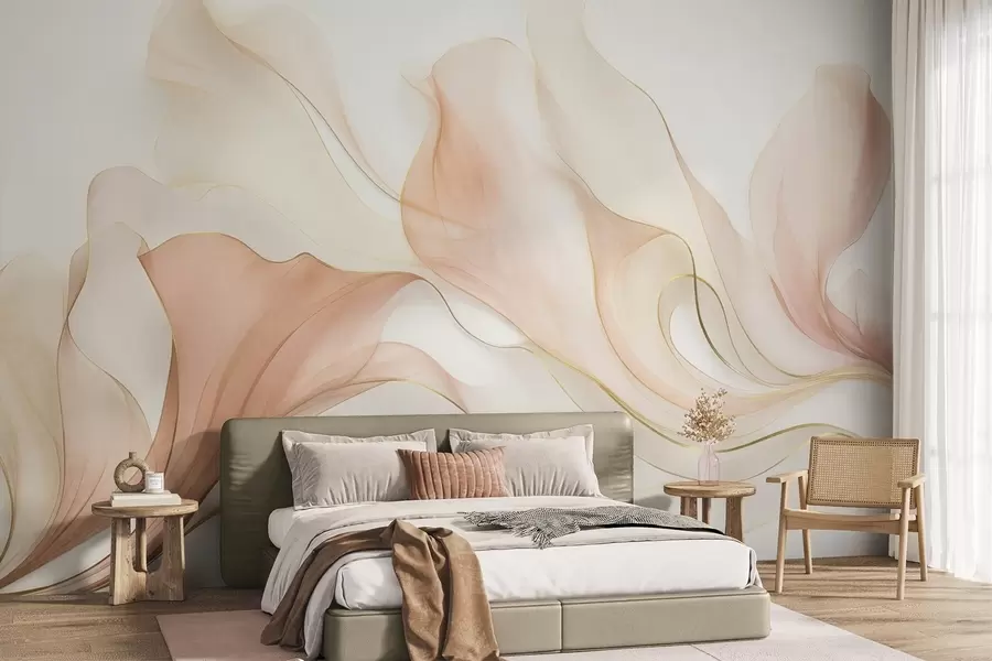 wall murals Abstract flowing texture in shades of peach and cream with delicate lines w09815