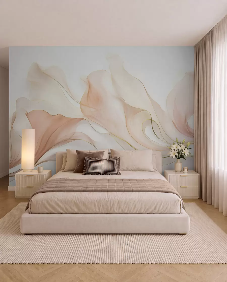 wall murals Abstract flowing texture in shades of peach and cream with delicate lines w09815