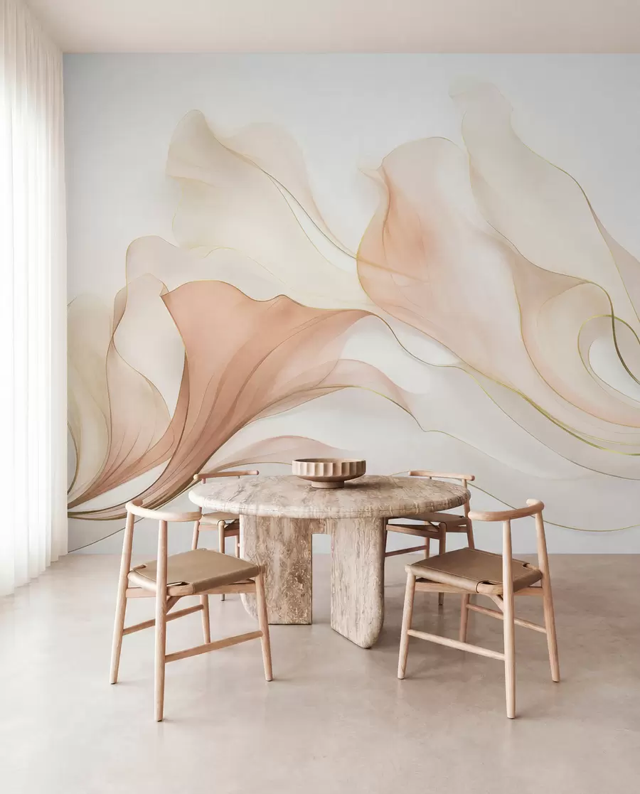 wall murals Abstract flowing texture in shades of peach and cream with delicate lines w09815