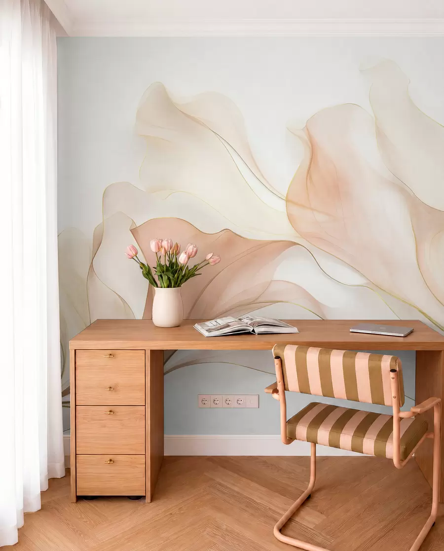 wall murals Abstract flowing texture in shades of peach and cream with delicate lines w09815