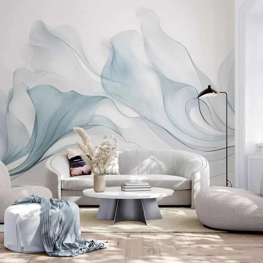 wall murals Abstract flowing texture in shades of blue with delicate lines w09815v1