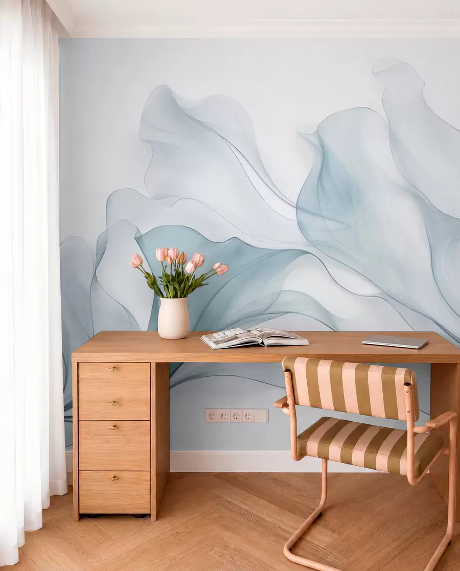 wall murals Abstract flowing texture in shades of blue with delicate lines w09815v1
