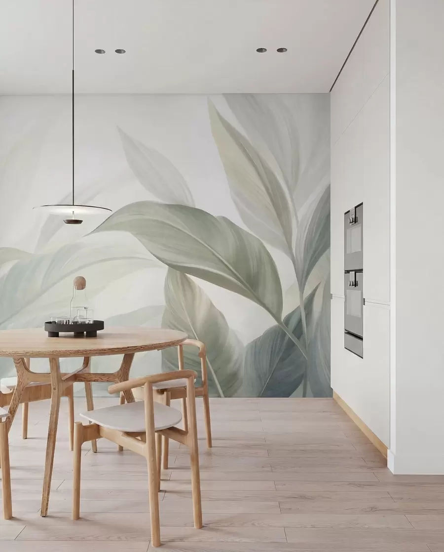 wall murals Large, pale green tropical leaves with soft, pastel colors, textured art w09816