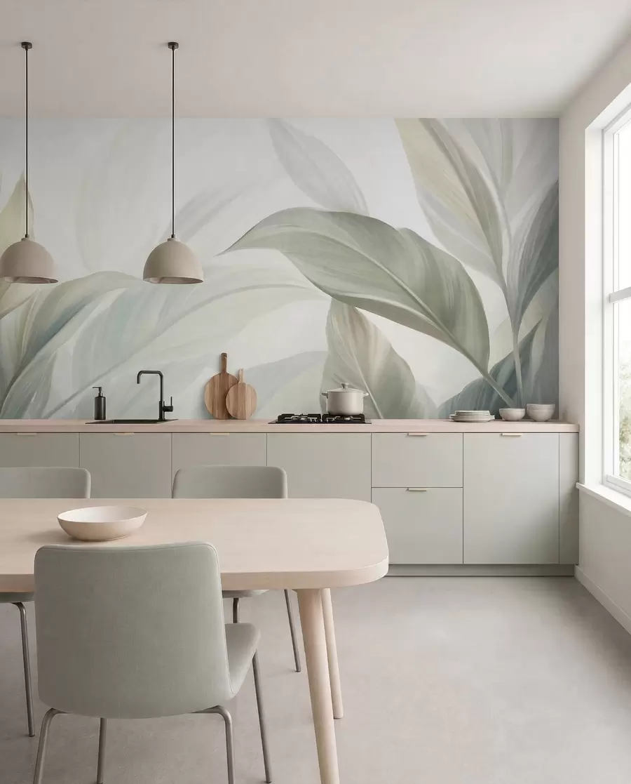 wall murals Large, pale green tropical leaves with soft, pastel colors, textured art w09816