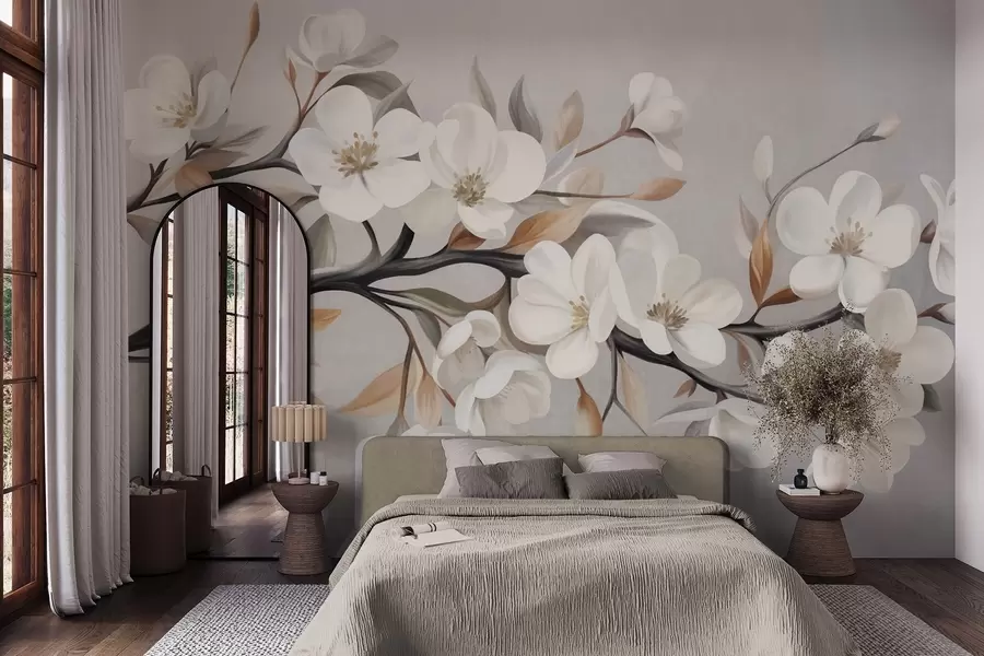 wall murals Textured branch with white flowers and brown leaves against a light gray background w09817