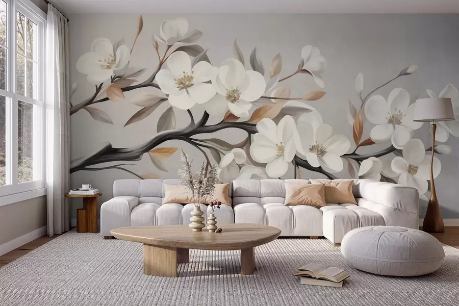 wall murals Textured branch with white flowers and brown leaves against a light gray background w09817