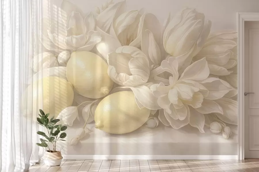 wall murals Delicate floral bouquet with lemons w05449
