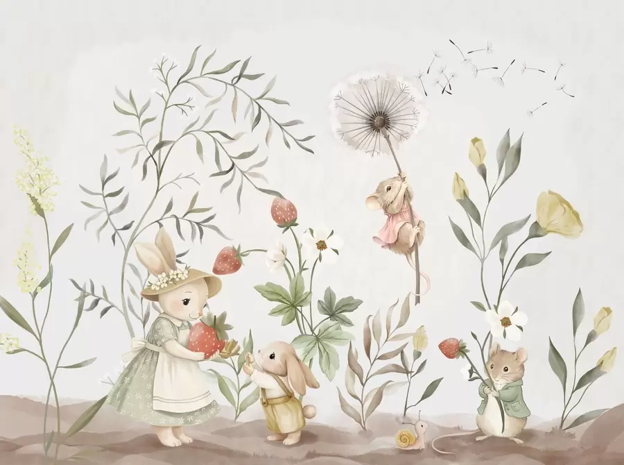 wall murals Children illustration of bunny, mouse among plants and flowers w05422