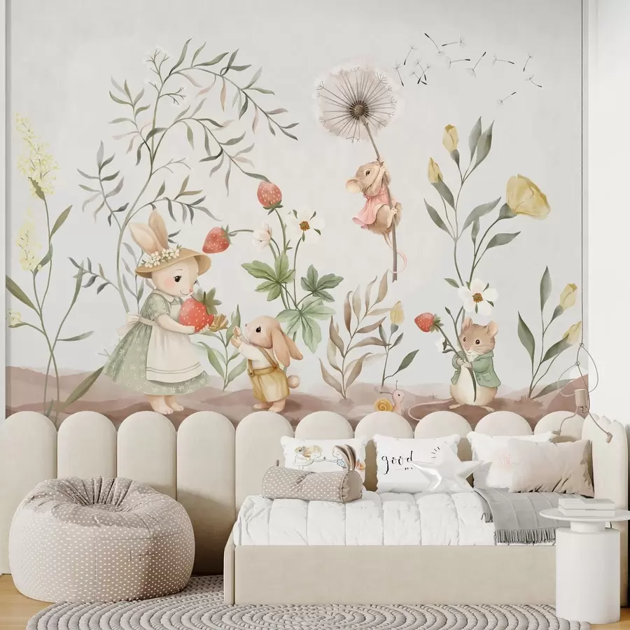 wall murals Children illustration of bunny, mouse among plants and flowers w05422