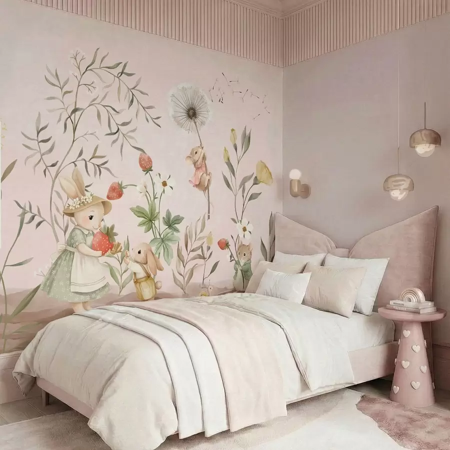 wall murals Illustration of animals with strawberries on soft pink background w05422v1