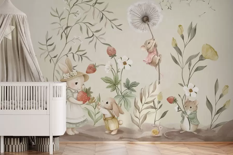 wall murals Illustration of bunny, mouse and plants with strawberries w05422v2