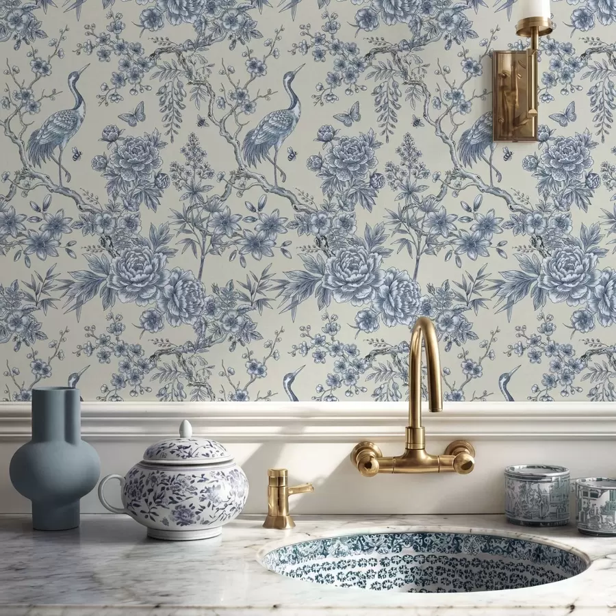 wall murals Blue floral ornament with bird and branches a01132