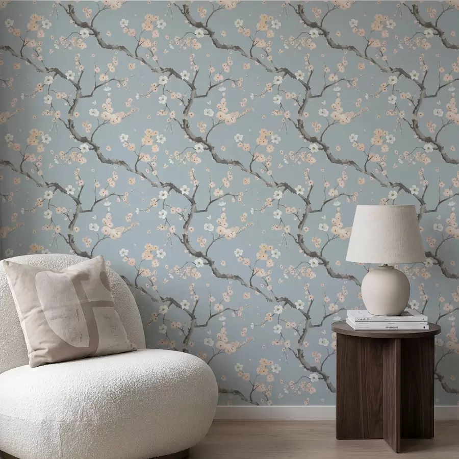 wall murals Branches with blossoms on blue background a01155