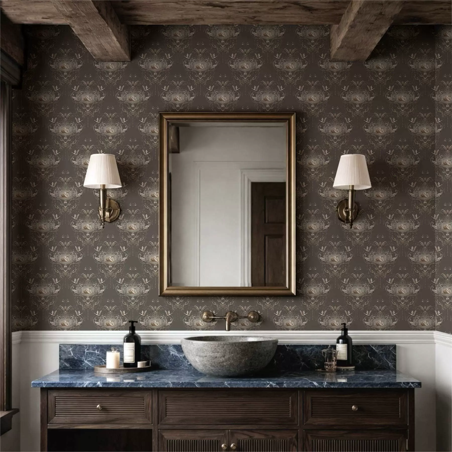 wall murals Ornament with swans and birds in classic style a01161