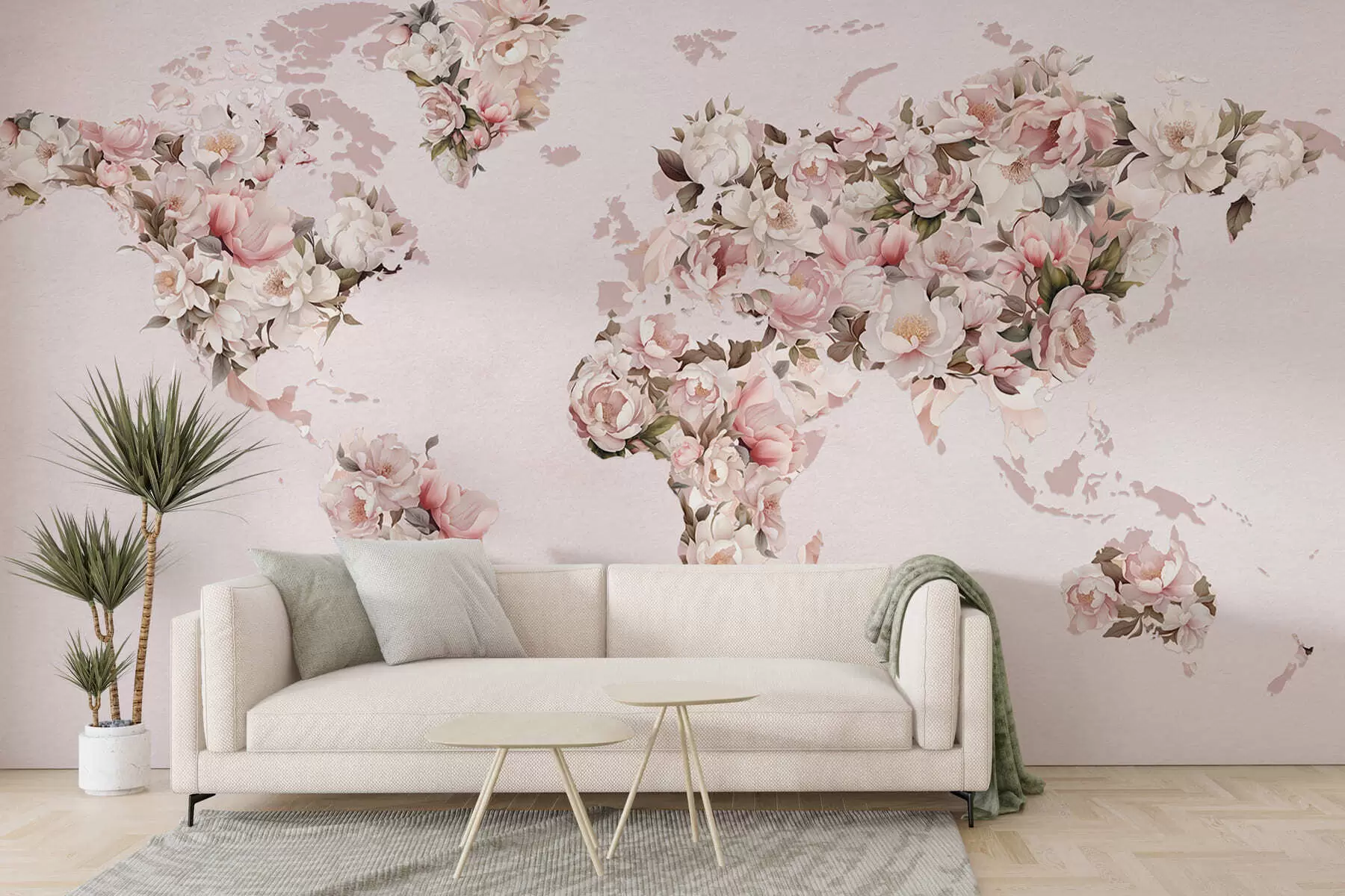 wall murals A pink world map made of large white and pink peonies c00005