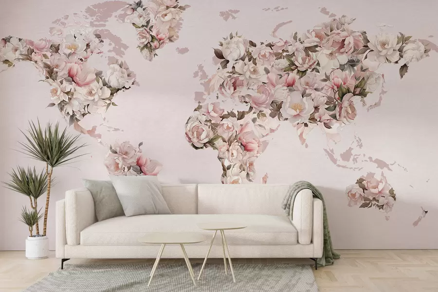 wall murals A pink world map made of large white and pink peonies c00005
