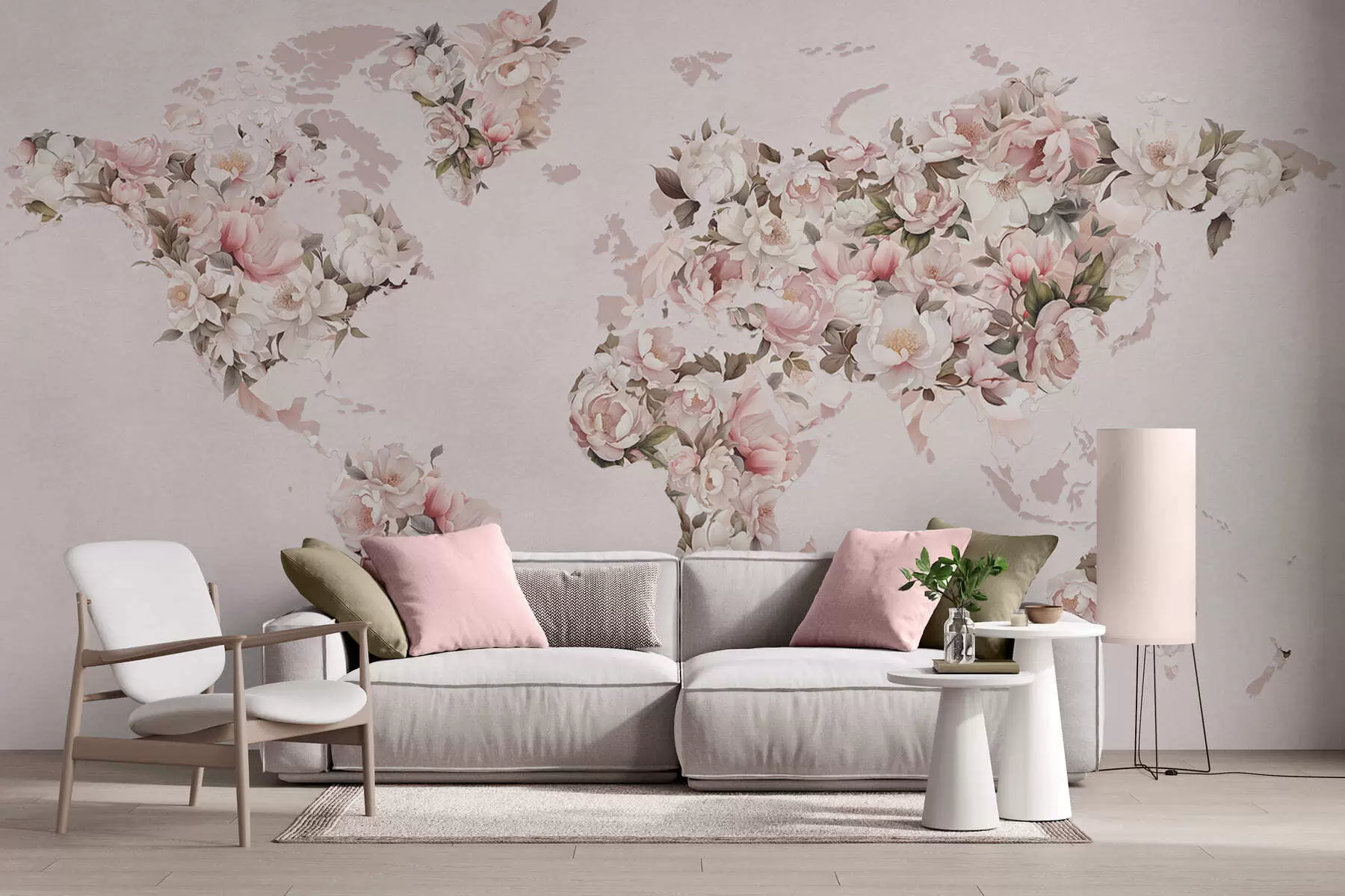 wall murals A pink world map made of large white and pink peonies c00005