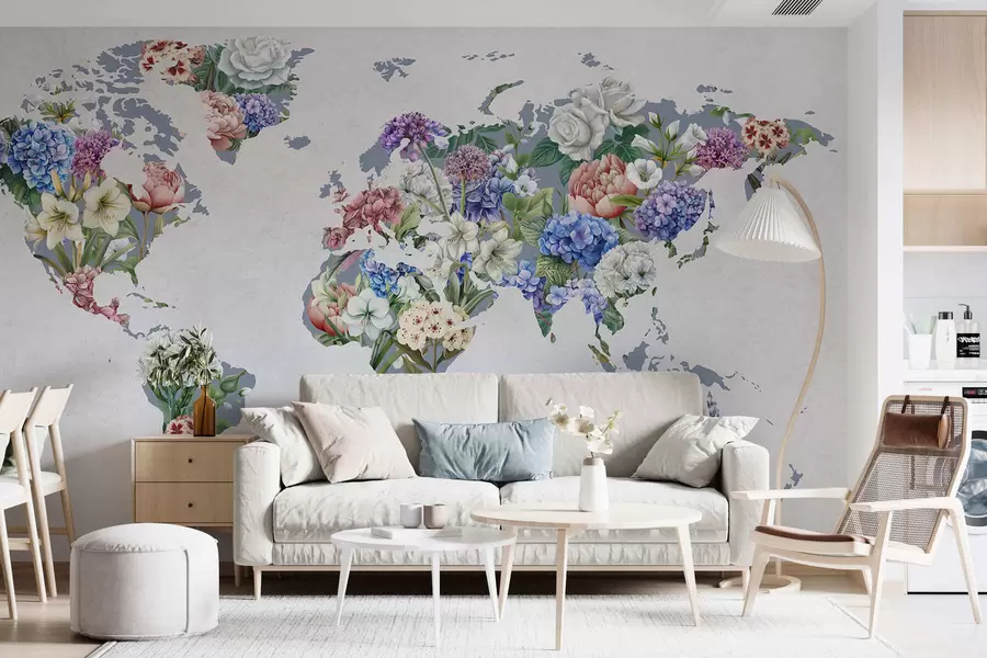 wall murals A colorful map of the world made from a variety of vibrant flowers c00006
