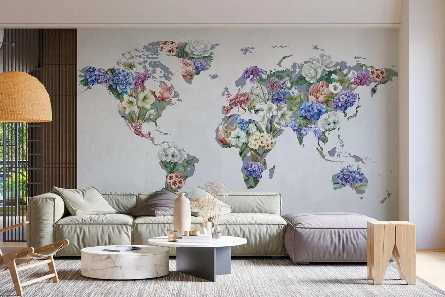 wall murals A colorful map of the world made from a variety of vibrant flowers c00006