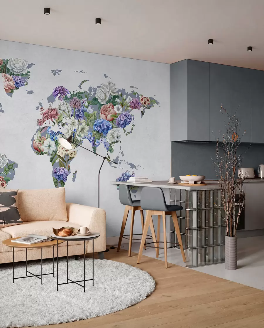 wall murals A colorful map of the world made from a variety of vibrant flowers c00006