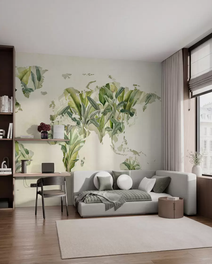 wall murals A green map of the world made from banana leaves c00007