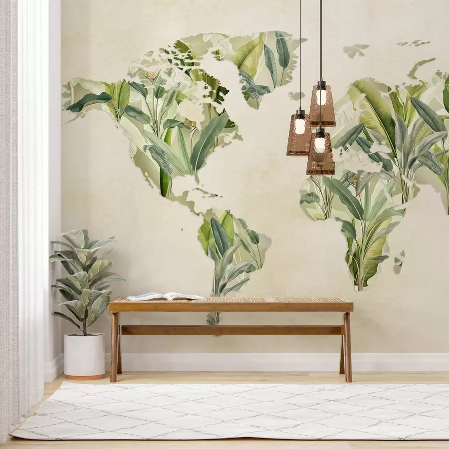 wall murals A green map of the world made from banana leaves c00007