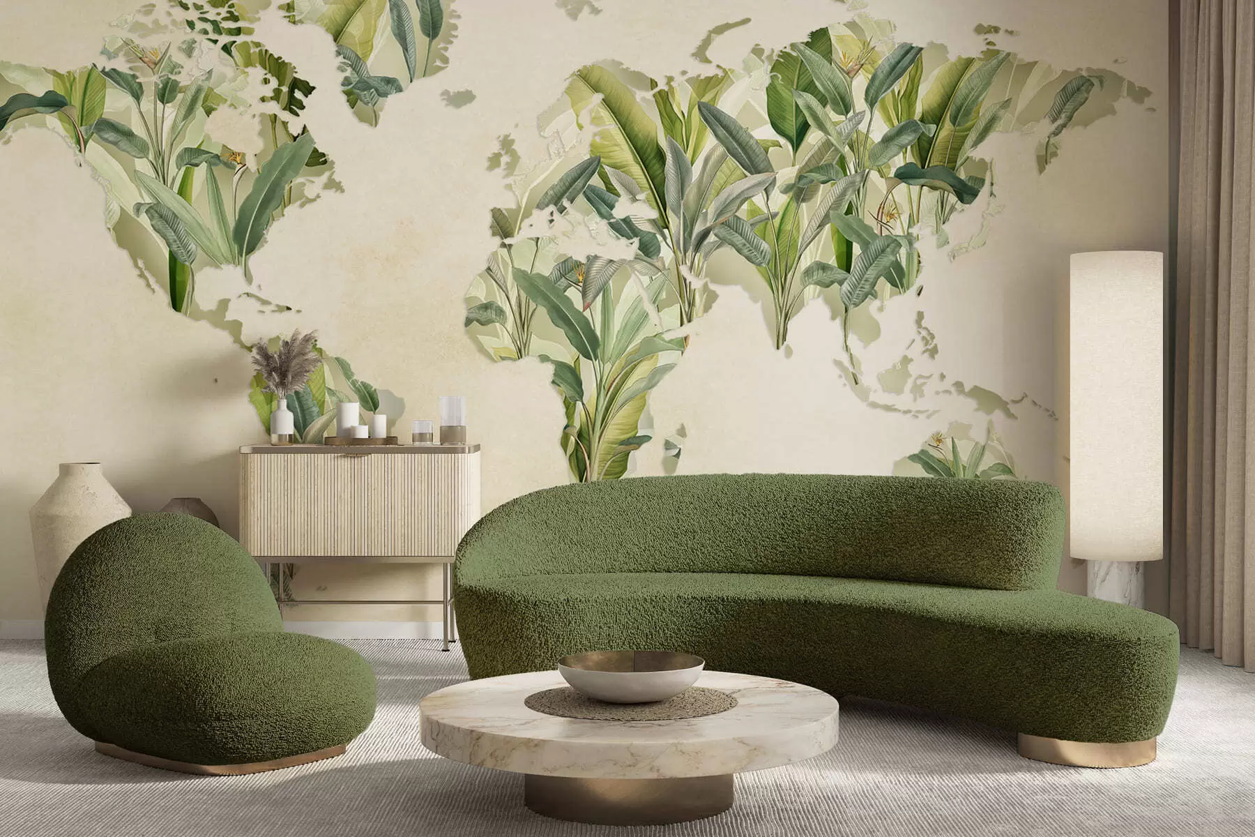 wall murals A green map of the world made from banana leaves c00007