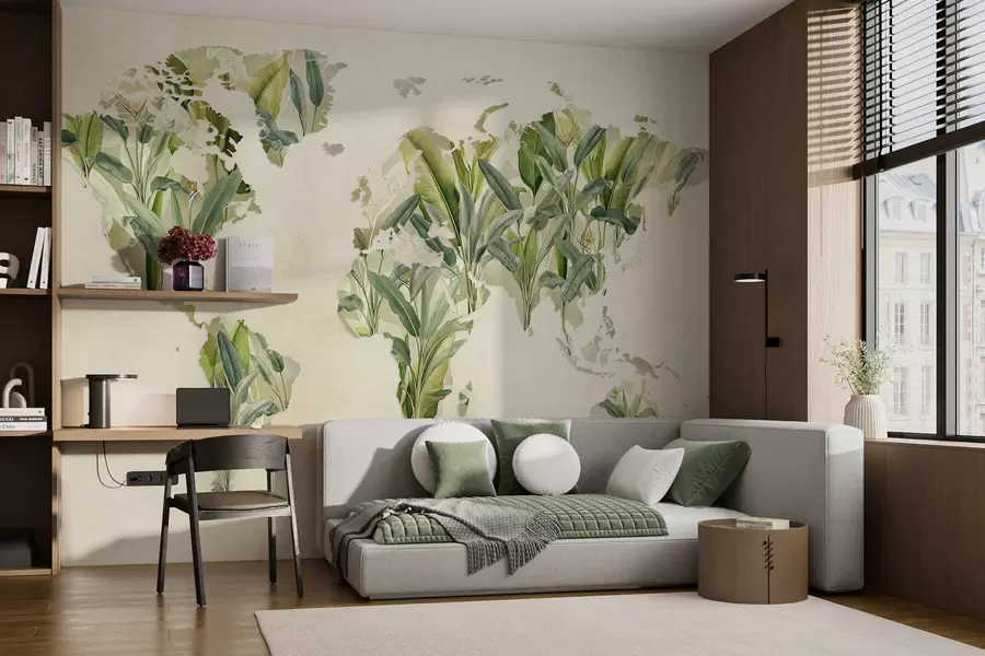 wall murals A green map of the world made from banana leaves c00007