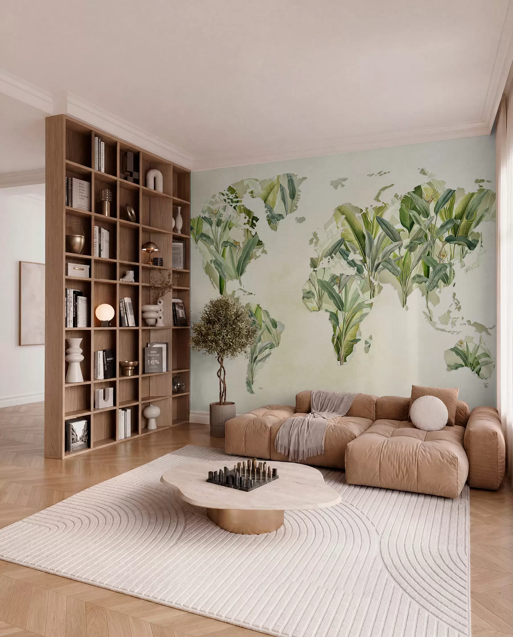 wall murals A green map of the world made from banana leaves c00007