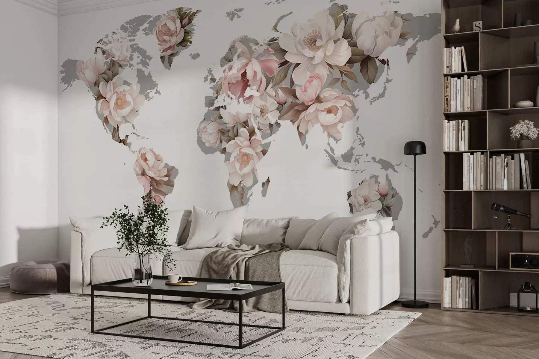 wall murals A delicate, creamy world map made of flowers c00008