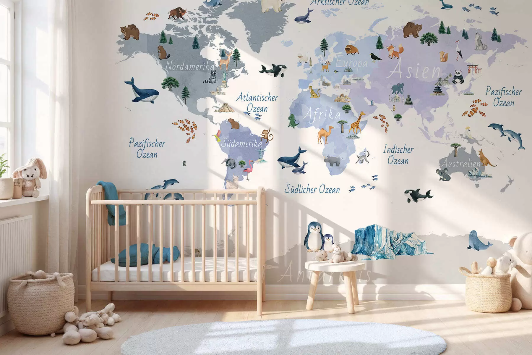 wall murals A watercolor-style Blue map featuring animals, plants, and architecture. Labels in German c00009dev1