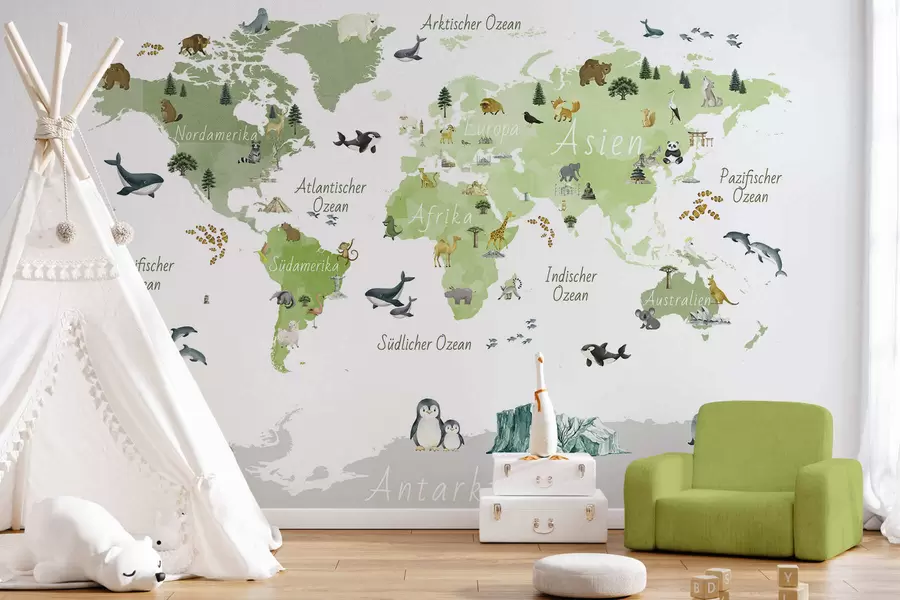 wall murals A watercolor-style Green map featuring animals, plants, and architecture. Labels in German c00009dev2
