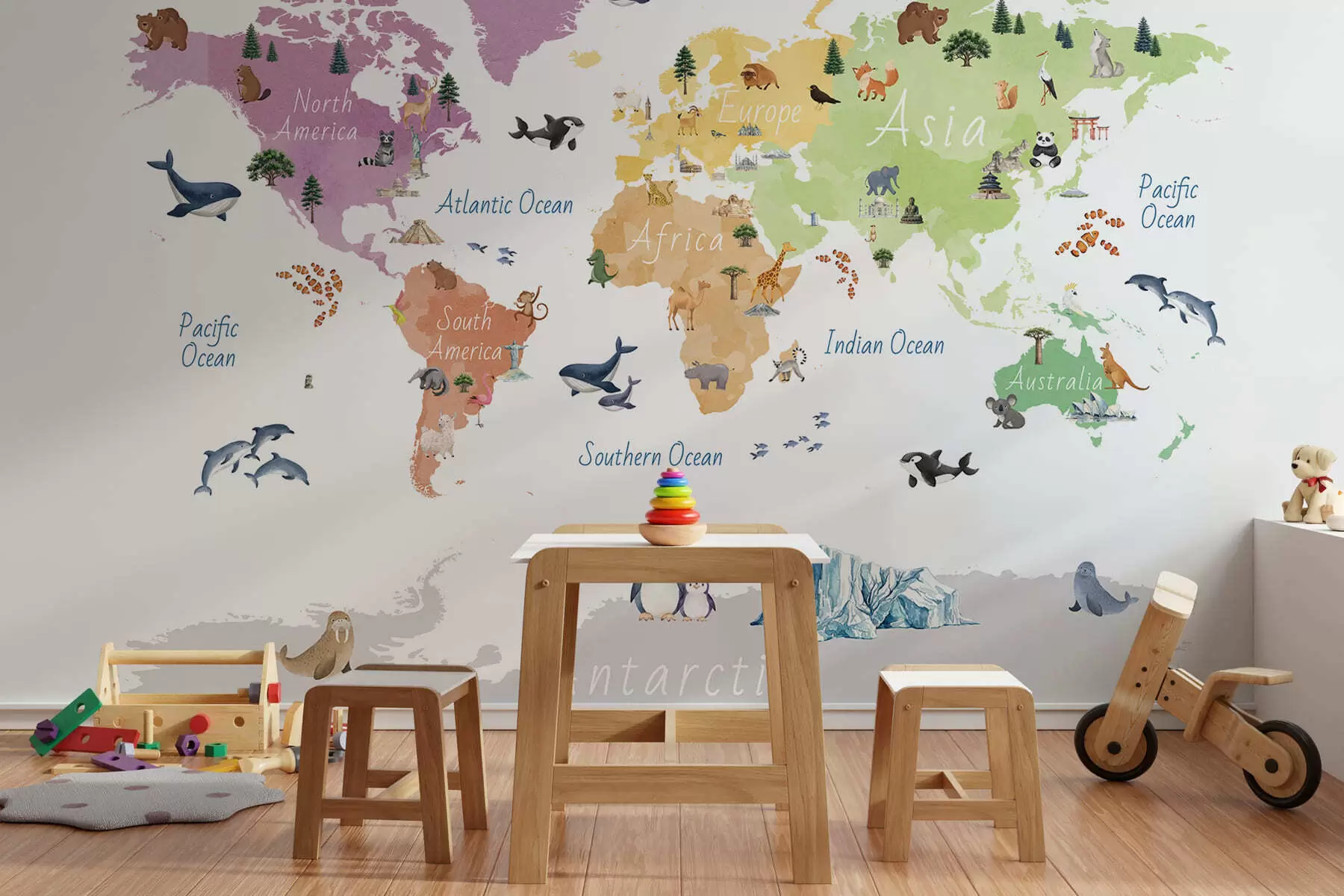 wall murals A watercolor-style color map featuring animals, plants, and architecture. Labels in English c00009en