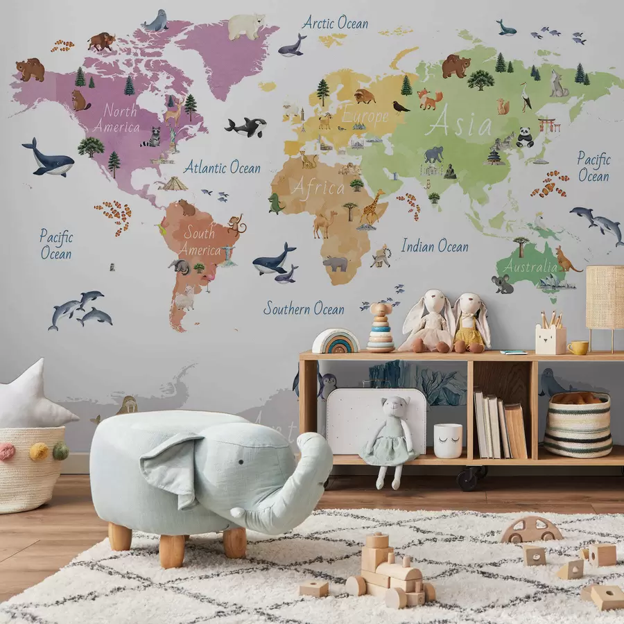 wall murals A watercolor-style color map featuring animals, plants, and architecture. Labels in English c00009en