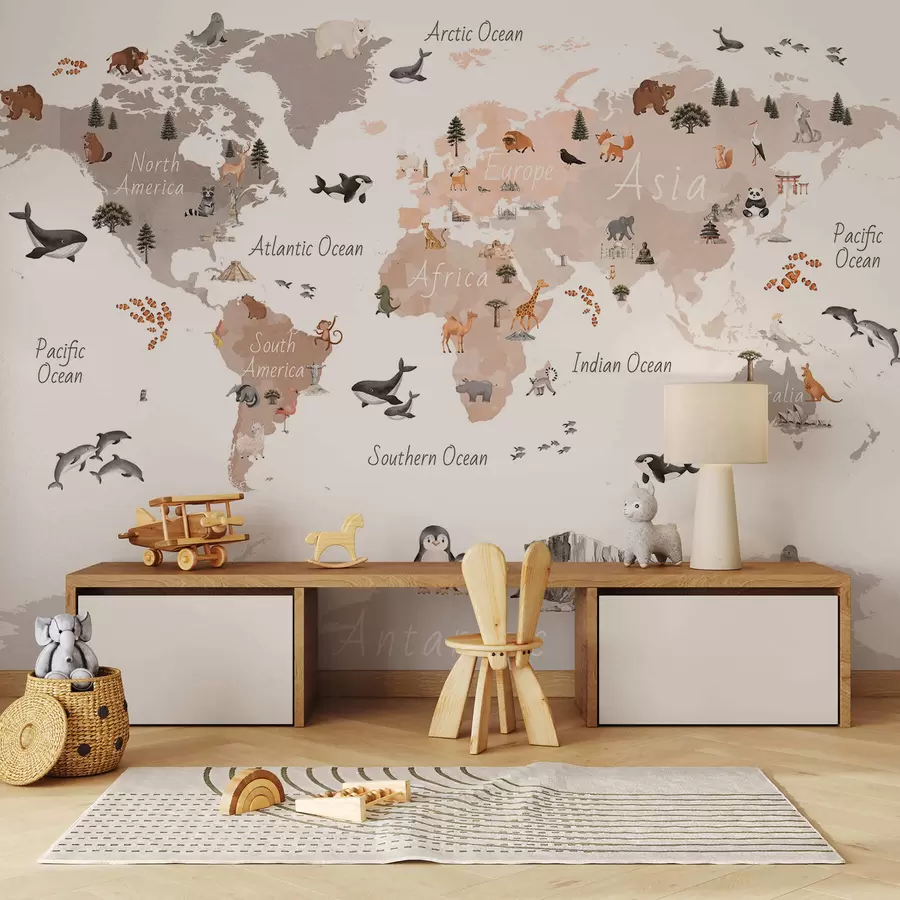 wall murals A watercolor-style Beige map featuring animals, plants, and architecture. Labels in English c00009env3